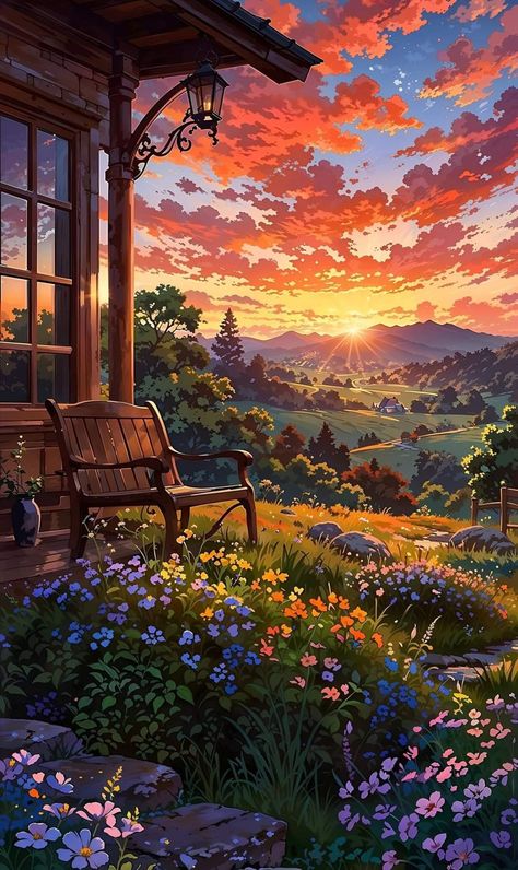 Fantasy Illustration Art Scenery, Countryside Pictures, Dreamy Artwork, Japon Illustration, Cool Wallpapers Art, Dreamy Art, Pretty Wallpapers Backgrounds, Anime Scenery Wallpaper, Cute Wallpaper Backgrounds