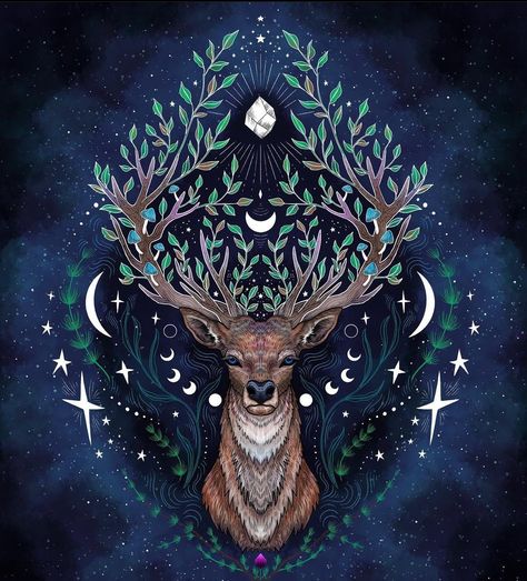 Yule Wallpaper Iphone, Winter Witch Wallpaper, Yule Aesthetic Wallpaper, Pagan Aesthetic Wallpaper, Yule Illustration, Pagan Wallpaper, Mythical Deer, Yule Art, Couple Canvas Painting