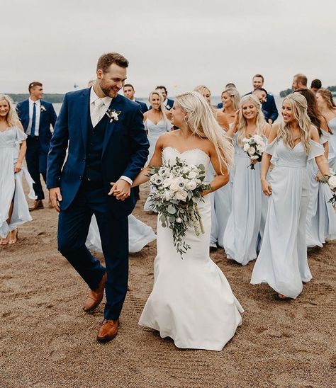 The dusty blue bridesmaid dresses and navy suits were the perfect combo 🙌🏻 Bridesmaid Dresses With Navy Suits, Blue Bridesmaid Dresses Beach, Tiffany Blue Bridesmaid Dresses, Navy Suit Wedding, Light Blue Bridesmaid Dresses, Dusty Blue Bridesmaid, Light Blue Bridesmaid, Dusty Blue Dress, Navy Suits