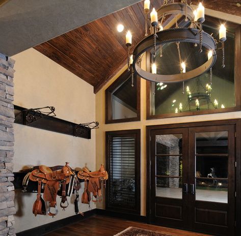 Stable Style: 8 Tack Rooms to Inspire | Horses & Heels Saddle Display, French Door Ideas, Stable Style, Rustic Entry, Tack Rooms, Dream Barn, Tack Room, Horse Stables, Horse Barns