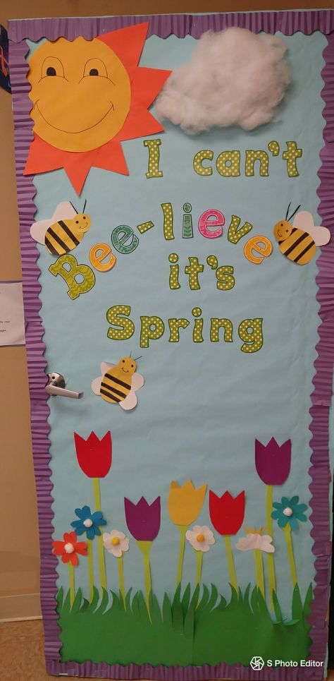 Spring Doors For Preschool, Spring Window Display Classroom, April Teacher Door Ideas, Spring Door Ideas For Preschool, Spring Classroom Door Ideas For Toddlers, Spring Door Decorations For Preschool, Spring Infant Classroom Door, Spring Toddler Door Ideas, Spring Time Door Decorations Classroom