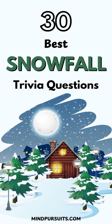 Pinterest pin showing "30 Best SNOWFALL Trivia Questions" with black and green text on white background. Below features a cozy winter illustration with a log cabin glowing with warm light, snow-covered pine trees, and a full moon in a starry night sky. The scene includes houses in the background and falling snow. Mindpursuits.com appears at bottom. Design creates a warm, winter wonderland atmosphere with a nostalgic holiday Winter Trivia Questions And Answers, Snow Facts, Winter Trivia, Christmas Trivia Questions And Answers, Kids Jokes And Riddles, Holiday Trivia, Christmas Trivia Questions, Fun Family Christmas Games, Kid Jokes