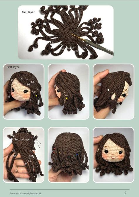 sarah doll crochet pattern Crochet Hair Pattern Free, Curly Hair Crochet Doll, How To Crochet Doll Hair, Crochet Doll Hair Pattern, Doll Hair Crochet, How To Crochet Hair For Dolls, Amigurumi Hair Pattern, Crochet Dolls Hair, Amigurumi Free Pattern Doll