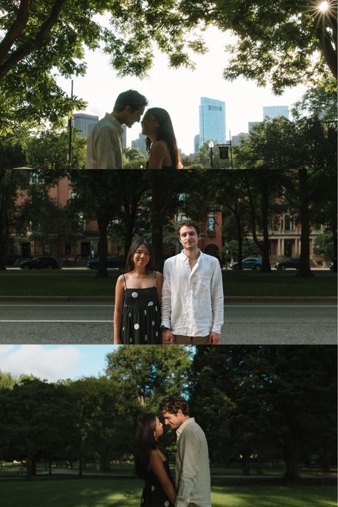 This cinematic engagement session in Boston  last summer was a dream. We started off in Boston Common for some sunrise photos with the sun pouring through the trees, and then headed into Back Bay to capture the Boston skyline and charming brownstones. I love when couples want to incorporate meaningful locations around the city into their engagement photos. Click here to check out more ideas for your Boston engagement session. City Park Engagement Photos, Manifest Wedding, Lifestyle Engagement Shoot, Boston Proposal, Skyline Engagement Photos, Boston Couple, City Engagement Shoot, New York Engagement Photos, Filipiniana Wedding Theme