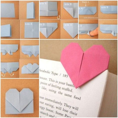 Marque page DIY pour vos livres, inspirez-vous de notre sélection de modèles de styles vairés! Origami Lotus Flower, Tutorial Origami, Origami Bookmark, Heart Bookmark, Origami For Beginners, Origami Love, Shape Books, Origami Heart, Paper Bookmarks