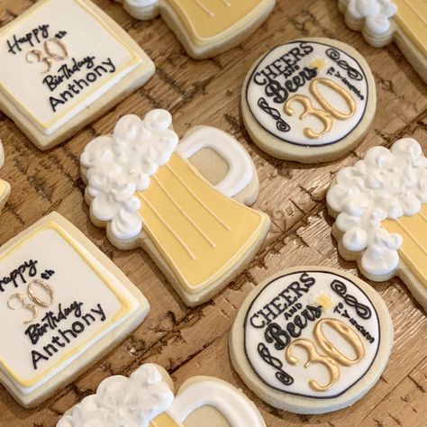 Cheers And Beers Cookies, Beer Cookies Decorated, Beer Sugar Cookies, Beer Mug Cookies, Mug Sugar Cookie, 30th Ideas, Beer Cookies, 60th Bday, Iced Sugar Cookies