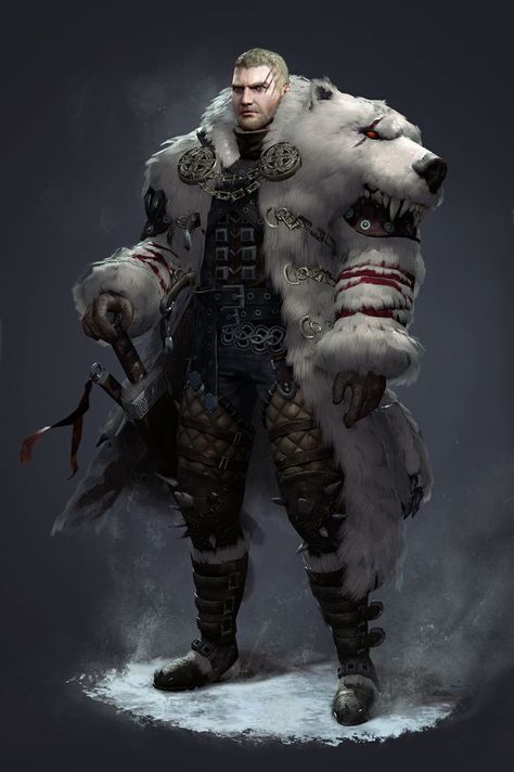 polar bear coat, Russian, man, two swords, brawler, fighter, general, warrior, tough, strong, abs. Fantasy People, Heroic Fantasy, 다크 판타지, Male Character, Dungeons And Dragons Characters, Dnd Art, Game Characters, Fantasy Armor, Fantasy Concept Art