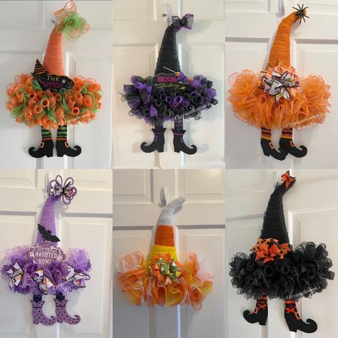 Sale! Nwot Witch Hat Wreaths Sale!! Many To Pick From See Individual Listings Tin Can Halloween, Witch Halloween Decorations, Halloween Wreaths For Front Door, Witch Hat Wreath, Fall Door Decor, Hat Wreath, Scarecrow Wreath, Diy Halloween Wreath, Witch Legs