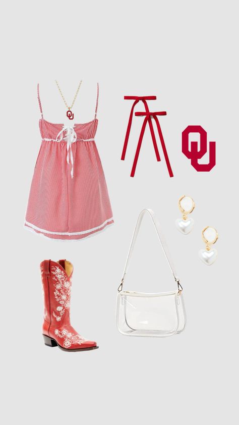 gameday outfit ❤️ #gameday #outfitinspo #collegefootball #collegeoutfit #collegeoutfits #gamedayoutfits #gamedaystyle #ououtfits #universityofoklahoma #boomersooner #redoutifts #trendyoutfits #collegestudent #cowboyboots #prettydresses Garnet Gameday Outfit, Ga Game Day Outfit, Oklahoma Sooners Gameday Outfit, College Gameday Fits, Oklahoma Game Day Outfit, Ou Gameday Outfit, University Of Oklahoma Game Day Outfits, Sec Gameday Outfits Football, Nc State Gameday Outfit