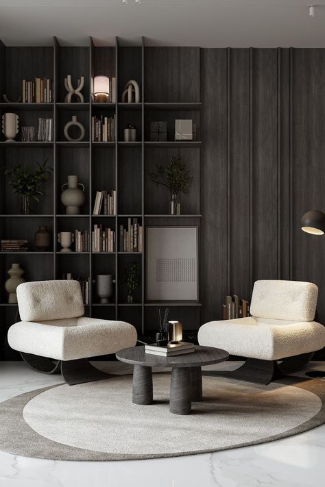 Create a modern masterpiece in your home with these design inspirations. Focus on clean lines, neutral tones, and innovative layouts to achieve a contemporary feel Modern Traditional Bookshelves, Modern Classic Library, Transitional Bookshelf, Library Luxury Modern, Modern Luxury Bookcase, Modern Bookcase Design, Modern Game Room, Contemporary Bookshelf, Bookshelf Modern