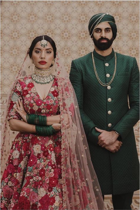 Red And Green Indian Bridal Wear, Floral Indian Wedding Outfit, Sabyasachi Bride And Groom, Green Sherwani Groom, Indian Groom Outfit, Bride And Groom Indian Wedding Outfit, Green Sherwani, Groom Dress Men, Indian Groom Wear