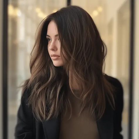 Brunette Haircut Medium Long, Waterfall Layers Haircut Long Hair, Textured Layers Long Hair, Mid Long Hair, Haircut And Color Ideas, Middle Part Haircut, Long Curly Wavy Hair, Layered Thick Hair, Brunette Hair Cuts