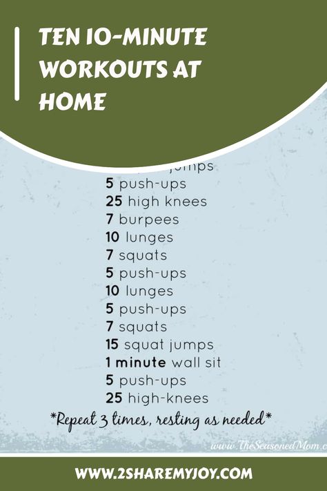 Ten different 10-minute workout routines for home, each listed with exercises and repetitions. 10 Min Full Body Workout At Home, Resistance Band Arm Workout, At Home Hiit, 15 Min Workout, 20 Min Workout, 30 Day Workout Plan, Home Hiit, 10 Min Workout, Get Fit At Home