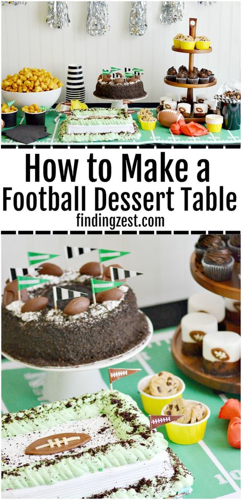 Satisfy everyone's sweet tooth at your next football party with this dessert table filled with scrumptious treats. You won't believe how easy it is to transform an ice cream cake into a football themed dessert that will wow your crowd. Plus, get other fun football party ideas for your tailgating at home celebration!   #IceCreamCakeBreak #ad #footballparty #tailgating #football #desserttable #partyideas #icecreamcake Football Dessert Ideas, Football Dessert Table, Football Party Desserts, Football Dessert, Football Themed Desserts, Football Desserts, Tailgate Desserts, Football Party Ideas, Superbowl Desserts