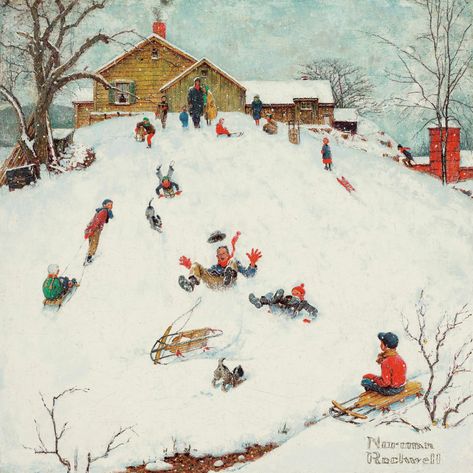 Norman Rockwell (1894-1978) | Landscapes: Sledding | 1950s, Paintings | Christie's Norman Rockwell Prints, Norman Rockwell Christmas, Norman Rockwell Art, Rockwell Paintings, Norman Rockwell Paintings, Spring Illustration, Winter Illustration, Red Lion, Norman Rockwell