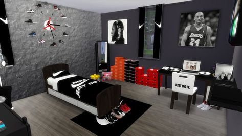 Nike Kids Room + Teen Cover | Patreon Teen Bedroom Boy, Boys Bedroom Sets, Black Simmer, Kids Beds For Boys, Boy Bed, Kids Bedroom Boys, Sims Baby