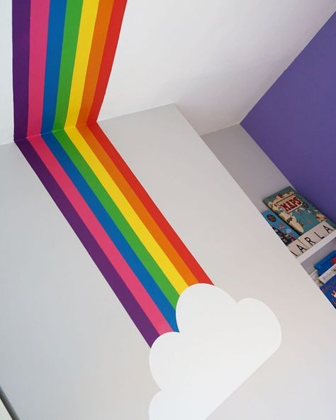 Marvel Accent Wall, Rainbow Playroom Ideas, Playroom Paint, Bright Kids Room, Small Boys Bedrooms, Rainbow Girls Room, Loft Playroom, Rainbow Mural, Rainbow Bedroom