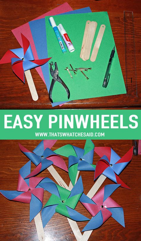 Whip up some super simple and child friendly pinwheels for your next party, windy day or boredom buster!  Great project to do with the kids! How To Make Pinwheels, Pinwheel Craft, Stem Activities Kindergarten, Diy Pinwheel, Origami Shapes, Craft Work For Kids, Pinwheels Paper, Wheel Craft, Hand Crafts For Kids