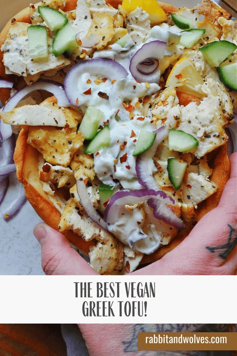 The Best Vegan Greek Tofu - Rabbit and Wolves The Savory Vegan, Tofu Wrap Recipe, Tofu Shawarma, Greek Tofu, Vegan Greek Recipes, Rabbit And Wolves, Tofu Wraps, Greek Pita, Vegan Greek