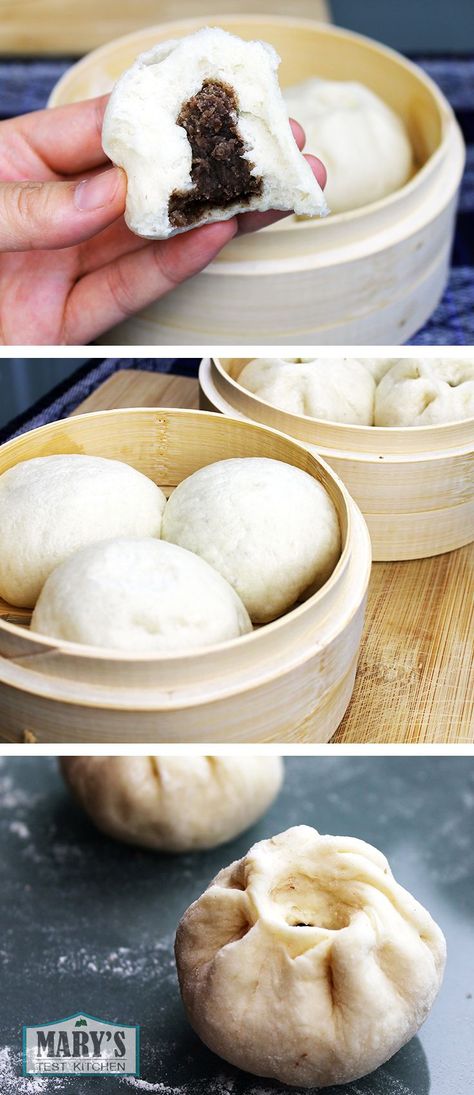 Chinese Sweet Red Bean Steamed Buns |  Video tutorial: https://www.youtube.com/watch?v=nI1NICOw5tI | Printable recipe: http://www.marystestkitchen.com/chinese-steamed-sweet-red-bean-buns-dou-sha-bao-vegan-recipe/ Chinese Dim Sum, Sweet Red Bean, Steamed Cake, Chinese Dessert, Filipino Desserts, Red Bean, Bread Bun, Steamed Buns, Asian Desserts