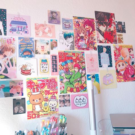 Anime Corner Room, Anime Wall Collage Bedroom, Anime Wall Ideas, Anime Wall Art Bedroom, Crib Decor, Free Printable Planner Stickers, Dorm Wall Decor, Anime Wall, Dorm Walls