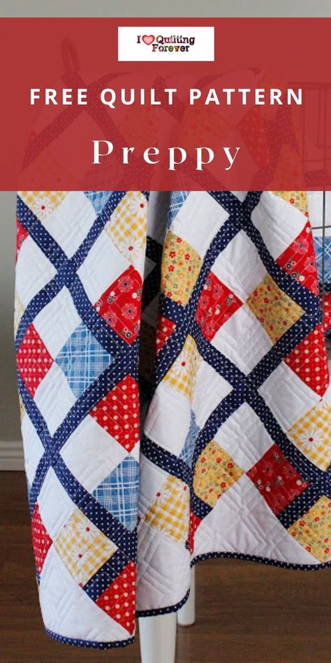 Free Quilt Pattern: Preppy Quilt Preppy Quilt, Free Fat Quarter Quilt Patterns, Fat Quarter Quilt Patterns, Quilt Pattern Free, Quilting Guides, Fat Quarter Quilt Pattern, Jelly Roll Quilt Patterns, Fat Quarter Quilt, Quilt Tutorial