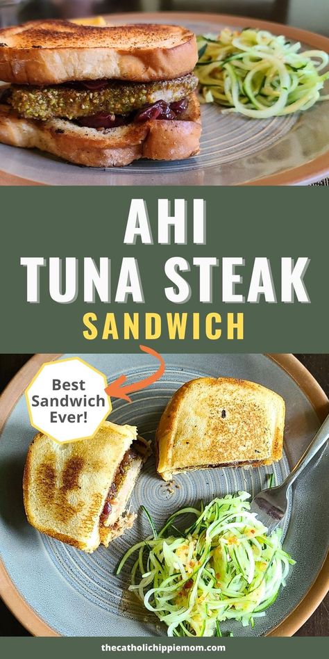 Best pistachio crusted ahi tuna steak sandwich recipe with a grape and onion jam that is easy to make Tuna Steak Sandwich, Ahi Tuna Steaks, Tuna Steak Recipe, Ahi Tuna Steak Recipe, Ahi Tuna Recipe, Ahi Tuna Steak, Tuna Steak Recipes, Hippie Mom, Tuna Steak