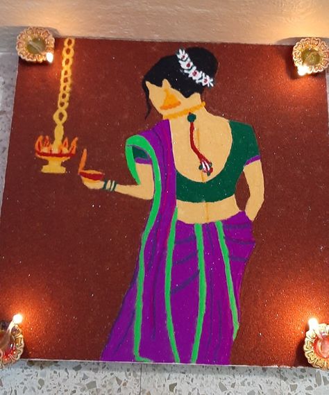 Roop Chaudas Rangoli Design, Artistic Rangoli Design, Drawing Rangoli Designs, Rangoli Designs Women, Women Rangoli Designs, Roopchaudas Rangoli, Agiyarash Rangoli, Gudhipadva Rangoli, Radha Krishna Rangoli Designs Diwali