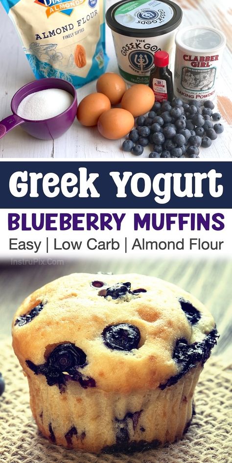 Low Carb Greek Yogurt Blueberry Muffins Made With Almond Flour Almond Muffins Healthy, Healthy Blueberry Muffins Almond Flour, Blueberry Almond Flour Recipes, Almond Flour Muffins Blueberry, Almond Flour Greek Yogurt Muffins, Low Cholesterol Baking Recipes, Cooking With Almond Flour, Plain Greek Yogurt Recipes Dinners, Protein Powder Muffins Low Carb