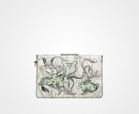 Printed leather clutch bag Green Bunny, Prada Clutch, James Jean, Frame Bag, Leather Clutch Bags, Printed Leather, Wrist Strap, Prada Bag, Leather Clutch