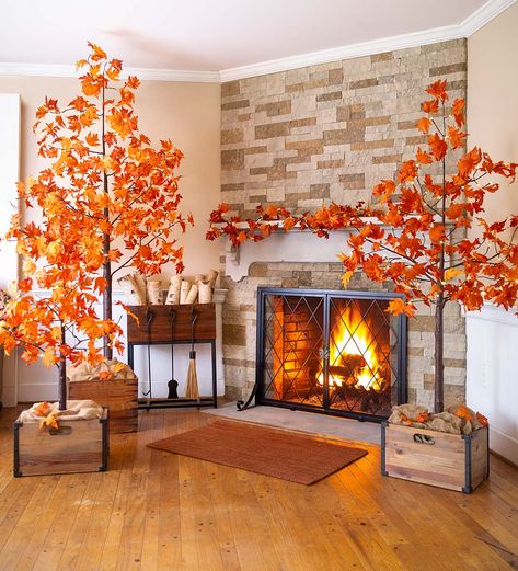 Fall Light Up Tree, Fall Artificial Trees, White Fall Tree Ideas, Decorating With Fall Leaves, Indoor Autumn Decor Ideas, Fall Leaves Decor Ideas, Autumn Decorations Outdoor, Fall Tree Decor, Autumn Decorations Indoor