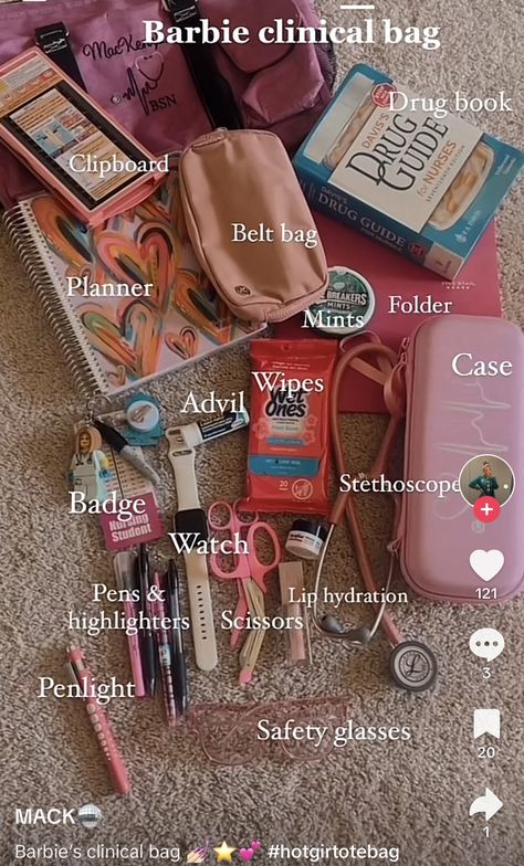 Nursing School Fits, Whats In My Nursing School Bag, Nursing Bags For Students, What's In My College Backpack, Cna Must Haves For Work, Nurse Essentials For Work, Must Haves For College, Nursing School Must Haves, Nursing Students Must Haves