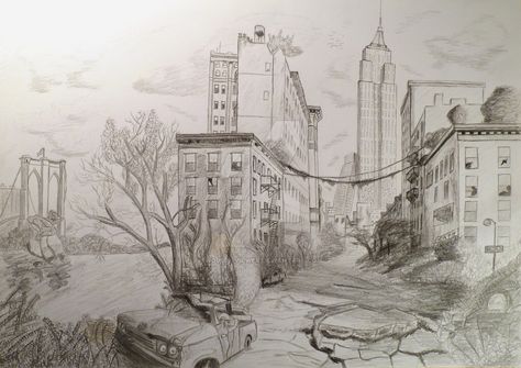 Apocalypse City Art, Abandoned City Drawing, Post Apocalyptic Drawing, Apocalyptic Drawing, Dystopian Drawing, Drawing Environments, Nyc Drawing, Apocalyptic Art, Journal Sketches