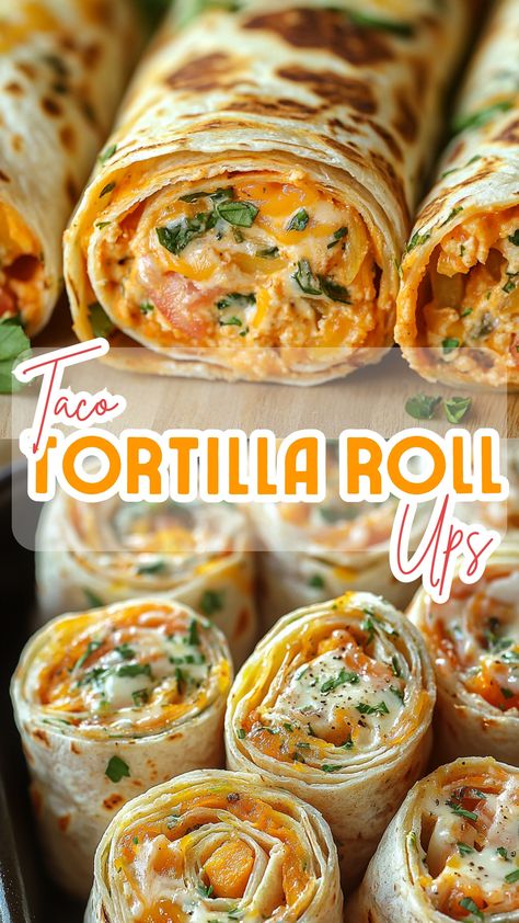 Tacos & Mexican Favorites: Taco Tortilla Roll Ups Burrito Roll Ups, Snack Ideas With Tortillas, Tortilla Roll Ups For Kids, Baked Tortilla Roll Ups, Taco Bar Appetizer Ideas, Thanksgiving Recipes Mexican, Turkey Roll Ups Tortilla, Taco Wrap Recipe Tortillas, Taco Roll Ups Tortilla