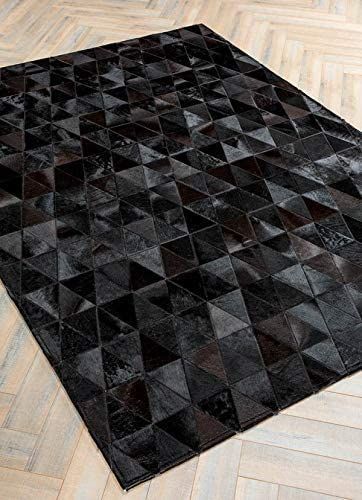 Solid Black Cowhide Patchwork Rug - Onix Black Cow Skin Triangle Shape Leather Carpet Area Rug - 5 X 8 Large Black Cowhide Rug, Cow Rug, Leather Rugs, Mosaic Rugs, Patchwork Cowhide Rug, Black Cow, Leather Rug, Hide Rug, Patchwork Rug