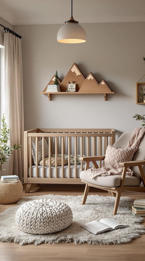 Nursery Room Ideas Earthy Nursery Ideas, Adventure Baby Room, Rustic Nursery Room Ideas, Nursery Room Ideas, Nordic Nursery, Outdoors Indoors, Calm Nursery, Monochrome Nursery, Mountain Nursery