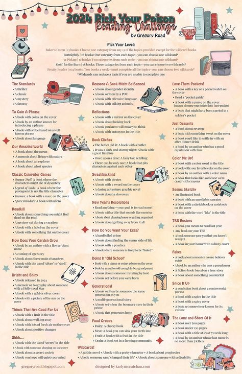 Take a walk down Gregory Road: The 2024 Pick Your Poison Reading Challenge Spooky Reading Challenge, Pick Your Poison Reading Challenge, Buzzword Reading Challenge, Summer Reading Challenge For Adults, December Reading Challenge, Reading Challenges For Adults, Summer Reading 2024 Adventure, 2025 Book Challenge, Book Challenge 2024