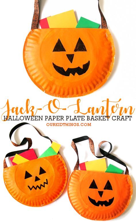 Paper Plate Jack-O-Lantern Basket Craft Halloween Arts And Crafts For Kindergarten, Easy Halloween Crafts For Preschoolers, Pumpkin Painting Ideas For Adults, Pumpkin Craft Ideas For Kids, Jack O Lantern Crafts For Toddlers, Paper Plate Fall Crafts, Paperplate Fall Crafts For Kids, Hand Pumpkin Craft, Crafts With Plates