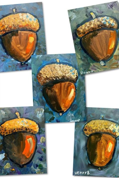 These acrylic acorn paintings were done by kids ages 10-11. This is a fun art idea for fall! Visit the link to see more of these acorn paintings! #fallartideas Thanksgiving Elementary Art, Fall Art Ideas, Thanksgiving Art Projects, Acorn Painting, 8th Grade Art, Montessori Art, Middle School Art Projects, Fall Art Projects, 4th Grade Art