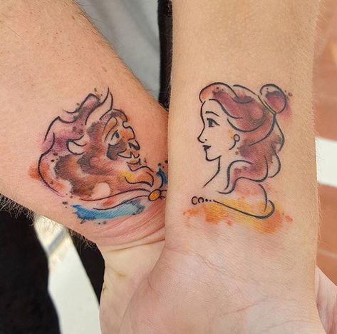 Beauty and the Beast Tattoo Cute Disney Tattoos, Disney Couple Tattoos, Beast Tattoo, Couple Tattoos Love, Beauty And The Beast Tattoo, Couple Tattoos Unique Meaningful, Sketchy Tattoo, Best Couple Tattoos, Cute Couple Tattoos