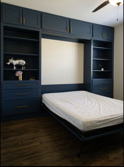 Murphy Bed Office, Guest Bedroom Home Office, Guest Bedroom/office, Bedroom Built Ins, Bed In Closet Aesthetic, Home Office/guest Room, Murphy Bed Desk, Bed In Closet Ideas, Closet Bed