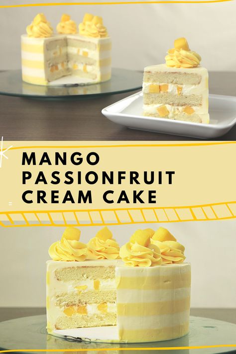 Sponge cake, filled with passionfruit whipped cream and juicy mango chunks. Mango And Passionfruit Cake, Passion Fruit Layer Cake, Tropical Cake Filling, Mango And Passionfruit, Guava Cake Filling, Vanilla Cake With Mango Filling, Mango Yuzu Cake, Mango Cake Filling, Passion Fruit Cake Filling