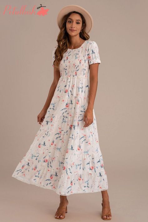 Mission Outfits, Feminine Style Dress, Light Floral Dress, Flowy Ruffle Dress, God Energy, Modest Woman, Smocked Maxi Dress, Dressy Dress, Easter Dresses