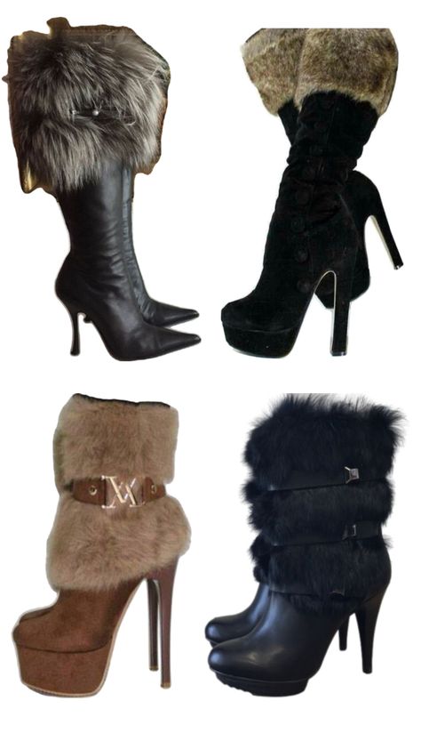 Fur, high heels, y2k, black heels, winter heels, faux fur, boots, high heeled boots, y2k boots, 2000s Fur Boots Heels, Fur High Heels, 2000s Shoes, Boots Y2k, Heels Winter, Y2k Heels, Y2k Boots, Trashy Outfits, Pretty Sneakers