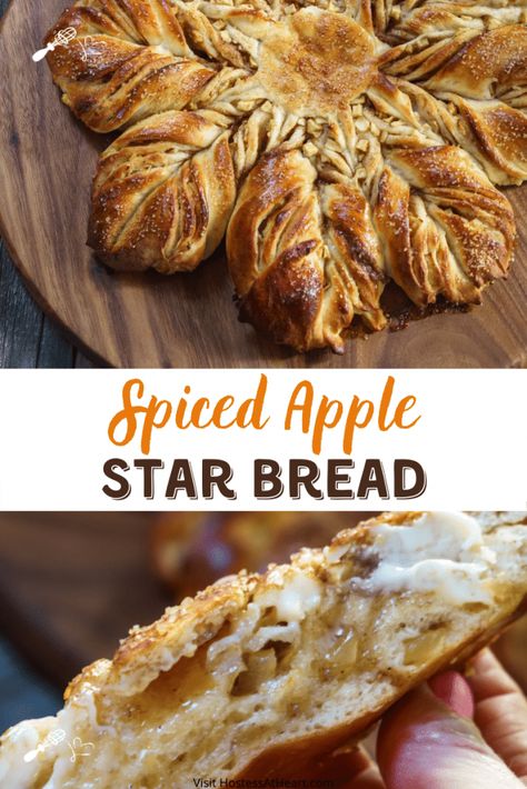 Spiced Apple Star Bread is a sweet buttery bread loaded with warm cinnamon and plump apples that's fun to make. It looks holiday special but perfect at any time. | HostessAtHeart.com #homemade #comfortfood | how to make bread #baking #breadmaking Sourdough Christmas Star Bread, Bread Braids, Star Bread Recipe, Braided Bread Recipe, Holiday Breads, Christmas Breads, Apple Star, Bread Wreath, Thanksgiving Bread