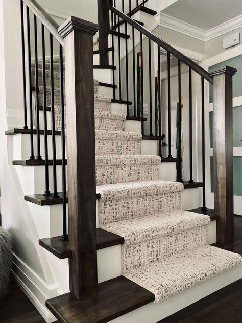 Dark Wood Staircase With Runner, Mahogany Stairs, Farmhouse Stair Runner, Stained Staircase, Gray Stair Runner, Staircase Carpet Runner, Farmhouse Stairs, Gray Stairs, Stairs Renovation