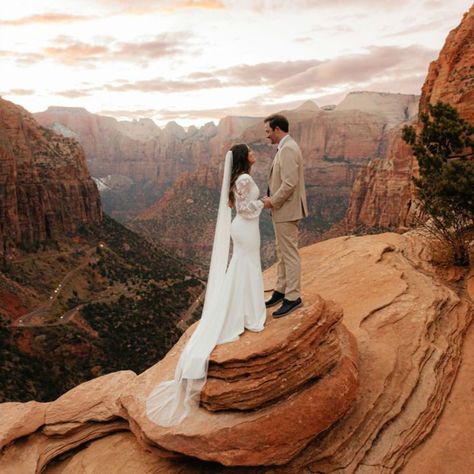 On a peak high in the red rock formations of Zion National Park, the soon-to-be-wed Kylee and Braxton donned their “I Do” attire to commemorate their coming vows in the majesty of Utah’s southern landscapes. In a shoot with Jessie Lyn Photography, the pair climbed to the top of a cliff surrounded in national park views, and captured moments that they’ll remember for a lifetime. Utah Red Rocks, Red Rock Wedding, Forever In Love, Zion National Park Utah, National Park Wedding, Rock Formations, Zion National Park, Red Rock, Forever Love