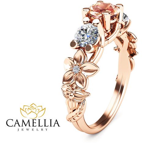 Three stone ring 14K Rose Gold Morganite Ring,Camellia Jewelry,Flower... ($930) ❤ liked on Polyvore featuring jewelry, rings, art deco engagement rings, engagement rings, deco ring, pink gold engagement rings and flower ring Rose Gold Morganite Ring, Bijoux Art Nouveau, Pink Engagement Ring, Nature Inspired Rings, Rose Gold Morganite, Jewelry Flower, Three Stone Ring, Morganite Engagement Ring, Deco Engagement Ring