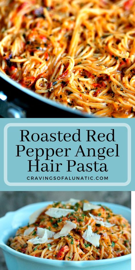 This Roasted Red Pepper and Chipotle Pepper in Adobo Angel Hair Pasta is simple to make yet full of complex flavours, a bit of heat and a creamy sauce. Roasted Red Pepper Pasta, Red Pepper Pasta, Best Pasta Dishes, Angel Hair Pasta, Roasted Red Pepper, Chipotle Pepper, Angel Hair, Easy Dishes, Roasted Red Peppers