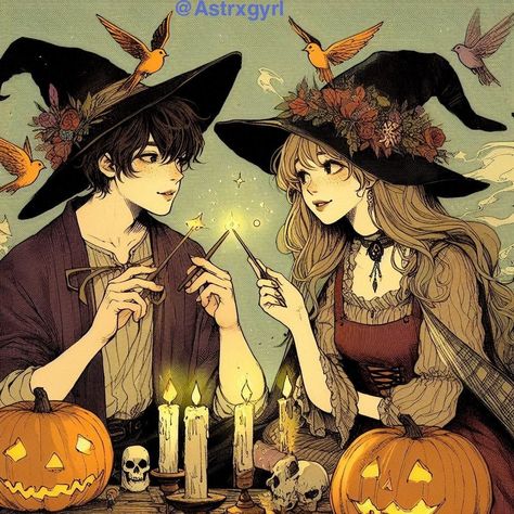 Witchy couple Witchy Romance Aesthetic, Halloween Romance Aesthetic, Witch Couple Art, Halloween Anime Couple, Lesbian Cottage, Witch Couple, Witchy Illustration, Anime Ballet, Pagan Aesthetic